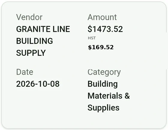 Nabbit app showing a captured receipt with vendor, amount, date and expense category filled in